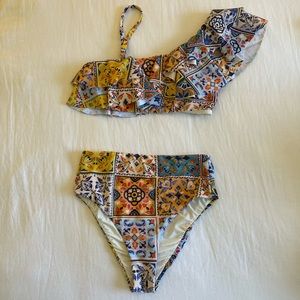 Anthropologie one shoulder swimsuit w/ high waisted bottoms